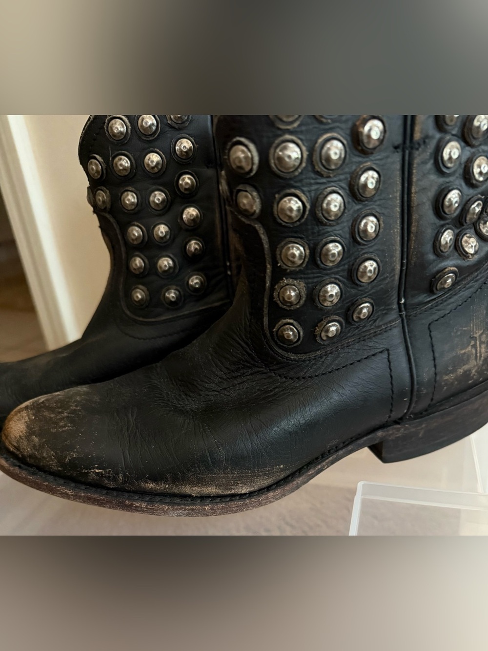 Frye Black Studded Distressed Leather Western Booties - Picture 3 of 9